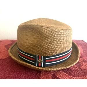 Peter Grimm Brown Straw Fedora Hat Ribbon Band Logo Unisex Summer ~ GREAT COND!